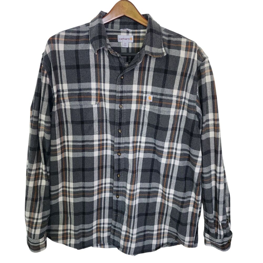 Carhartt Flannel Shirt Men 2XLT Gray Plaid Long Sleeve Original Fit Heavyweight
